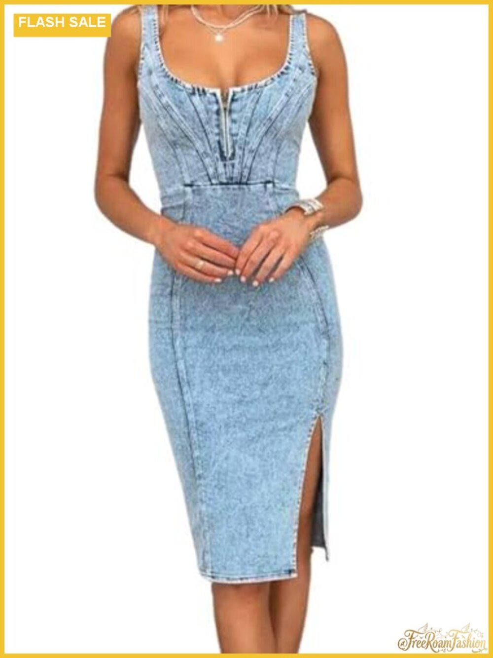 Sleeveless Bodycon Denim Dress Side Slit Midi Jean Dress